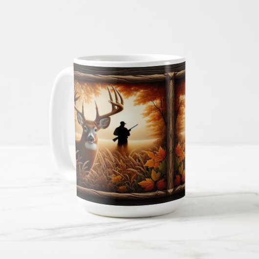 Mug Silhouette de cerfs et chasseurs d'automne en forê (Devant gauche)