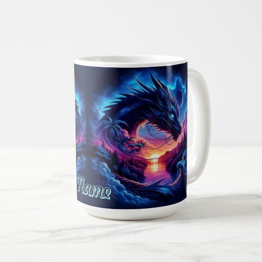 Mug Silhouette de dragon contre un coucher de soleil v (Devant droit)