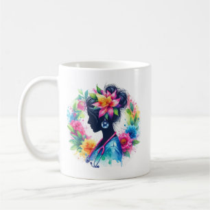 Mug Silhouette d'infirmière florale à l'aquarelle - In