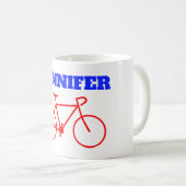 Mug Silhouette rouge simple de bicyclette + Nom fait (Devant droit)
