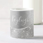 Mug Silver Glitter Glam Bling Personalized<br><div class="desc">Personnalisez facilement cette tasse à café à motif argent brossé et faux parties scintillant glamour avec votre propre nom personnalisé.</div>