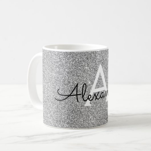 Mug Silver Sparkle Glitter Monogram Name & Initial (Devant gauche)