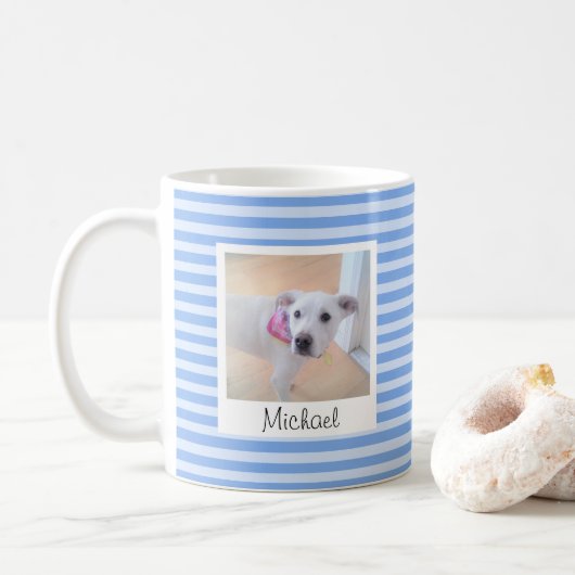 Mug Simple Bébé Bleu rayé Ajouter nom et photo (Avec donut)