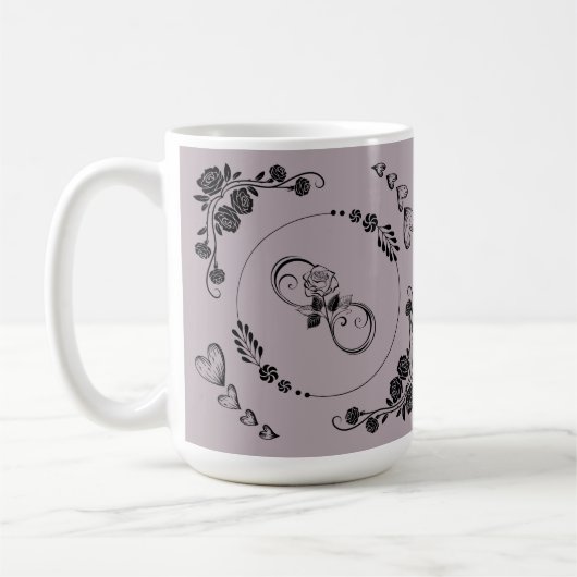 Mug Simple Coeurs noirs, Floral, Infinité sur Mauve | (Gauche)