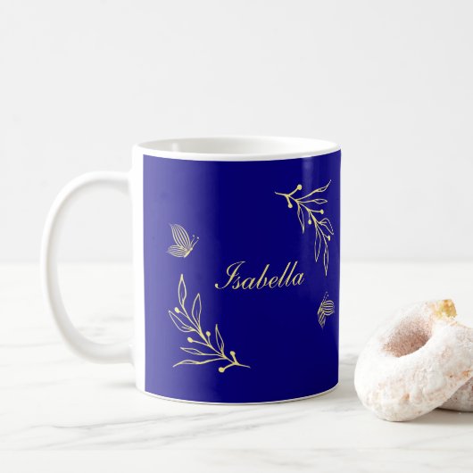 Mug Simple élégant fleurs dorées bleu royal (Avec donut)