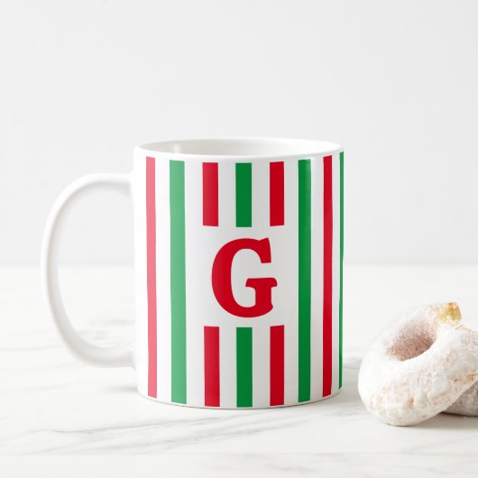 Mug Simple rayure rouge et vert Noël initial (Avec donut)