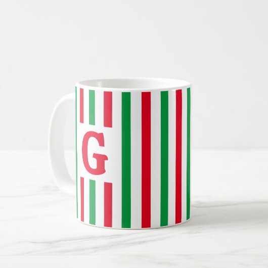 Mug Simple rayure rouge et vert Noël initial (Devant gauche)