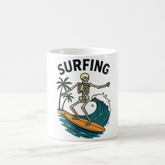 Mug Skeleton Surfing Retro Beach Wave Design (Centre)