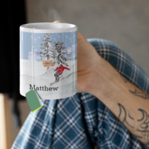Mug Ski Skier Neige Personnalisé Aquarelle Nom