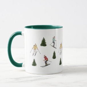 Mug Skieurs à l'aquarelle et sapins avec nom festif