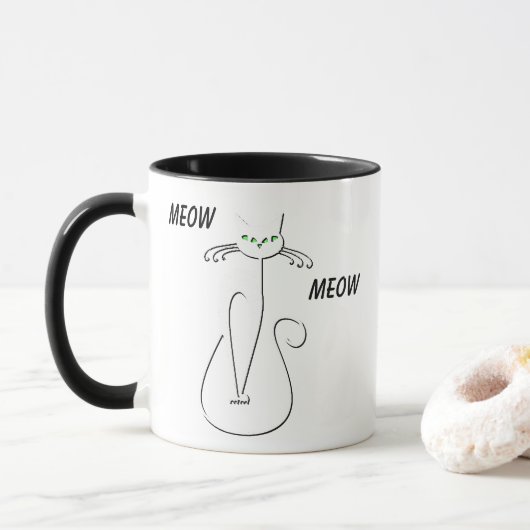 Mug Slinky Black Cat Meow Meow Texte Personnalisé Yeux (Avec donut)