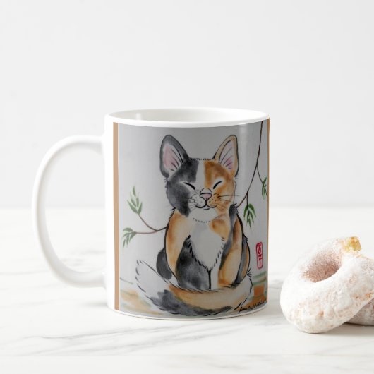 Mug Smug Calico Chat et Bambou Art Carrelage de style  (Avec donut)