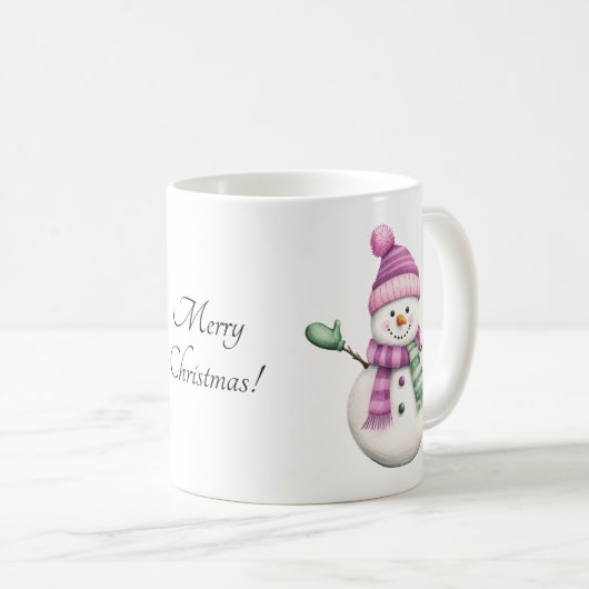 Mug Snowman mignon en rose violet et vert (Devant droit)