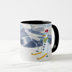 Mug Snowman sur Skis dans les montagnes enneigées Pers