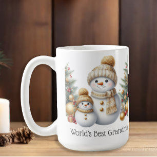 Mug Snowman World's Best Grandma Gold Green Christmas