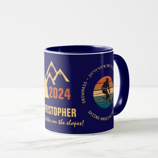Mug Snowmass, Colorado - Homme skieur, Texte Jaune (Devant droit)