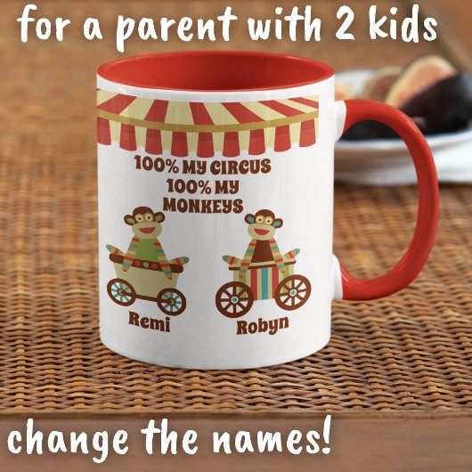Mug Sock Monkey Circus 2 Enfants Noms Parent Cadeau