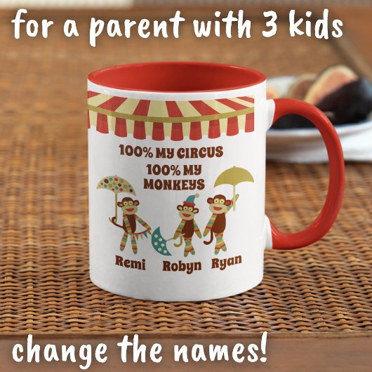 Mug Sock Monkey Circus 3 Enfants Noms Parent Cadeau