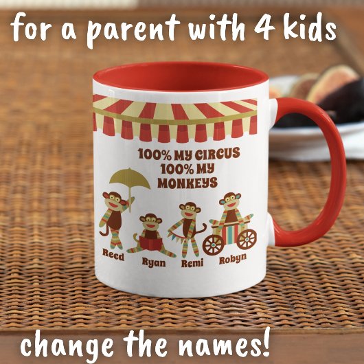 Mug Sock Monkey Circus 4 Enfants Noms Parent Cadeau