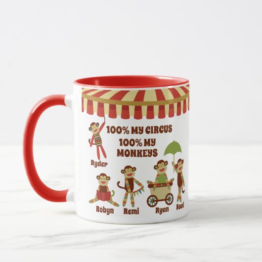 Mug Sock Monkey Circus 5 Enfants Noms Parent Cadeau (Gauche)