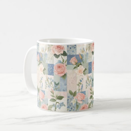 Mug Soft Feminine Florale Rose Et Patchwork Bleu (Devant gauche)