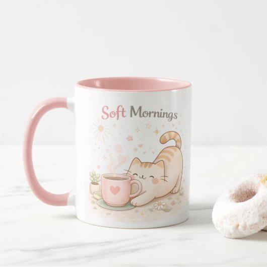Mug Soft Morning Kawaii Cute Cat Coffee Sweet Pink (Avec donut)