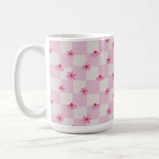 Mug Soft Pink Daisy Checkerboard Floral Pattern (Gauche)