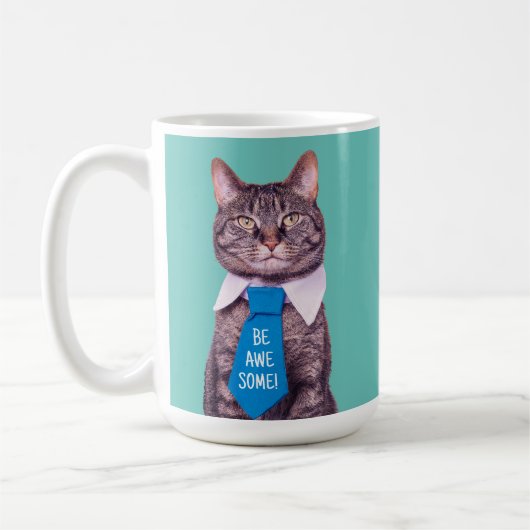 Mug "SOIS INCROYABLE !" Chat en Cravate bleue ou votre (Gauche)