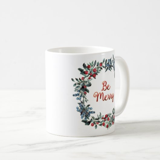 Mug Sois Joyeux ! Bleu et rouge Baies de Noël Wreath (Devant droit)