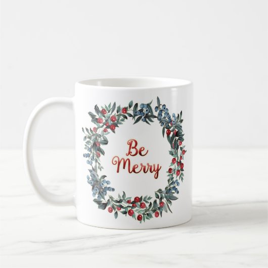 Mug Sois Joyeux ! Bleu et rouge Baies de Noël Wreath (Gauche)