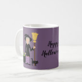 Mug Sorcière Avec Un Chat Sur Purple & Happy Halloween (Devant gauche)
