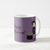 Mug Sorcière avec un chat sur texte violet et Joyeux H (Devant droit)