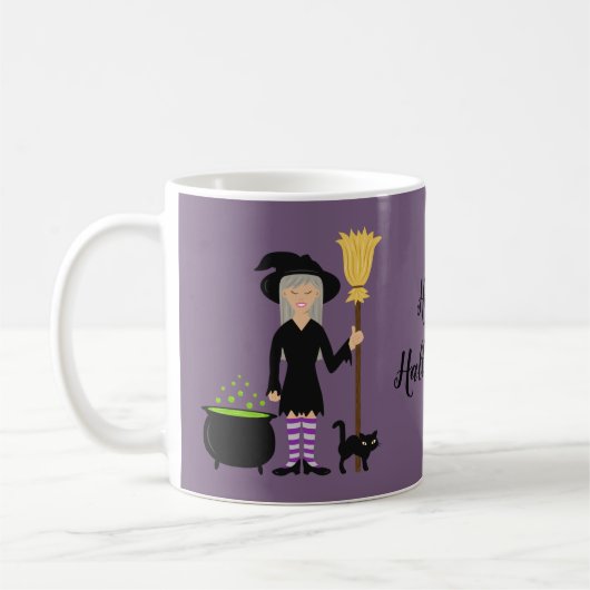 Mug Sorcière avec un chat sur texte violet et Joyeux H (Gauche)