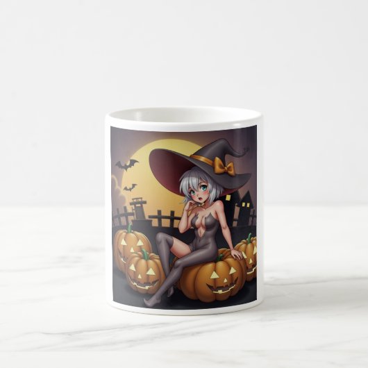 Mug Sorcière d'Halloween aux Yeux Verts sur une Citrou (Centre)