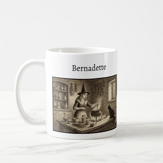 Mug Sorcière et chat noir faisant une potion Nom perso (Gauche)