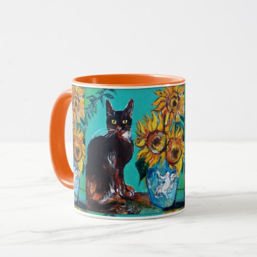 MUG SOUCHES AVEC CHAT NOIR EN TURQUOISE BLEUE (Devant gauche)