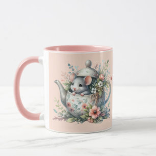 Mug Souris mignonne en théière florale Illustration