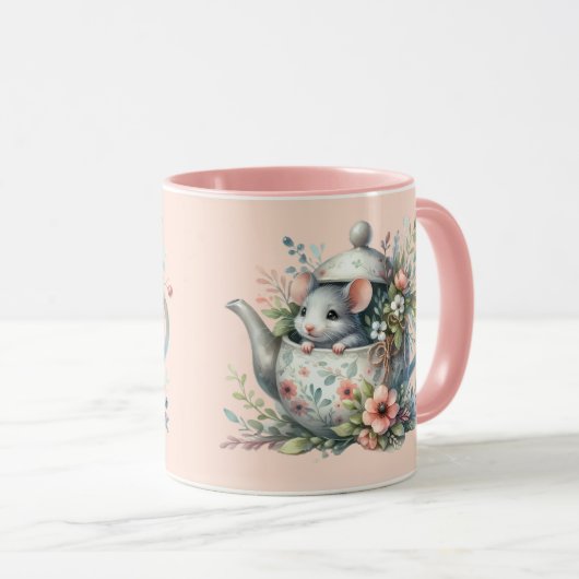 Mug Souris mignonne en théière florale Illustration (Devant droit)