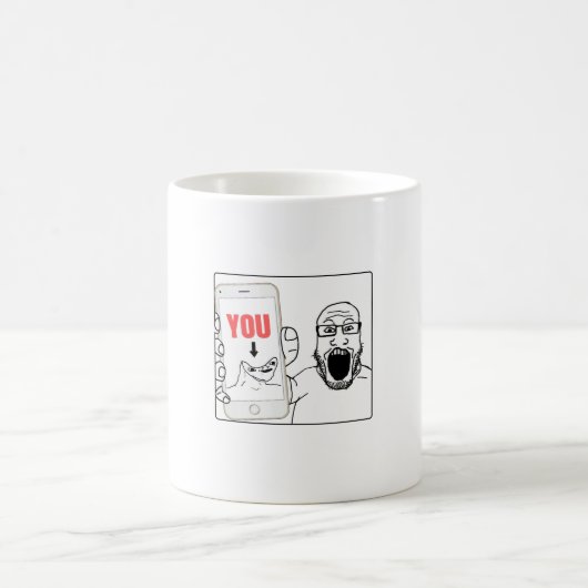 Mug Soyjak montre son mème téléphonique (Centre)