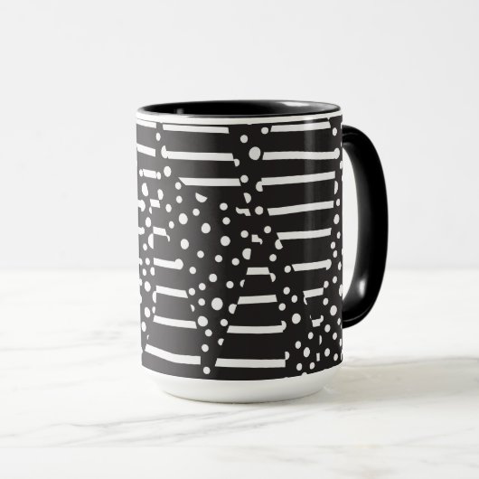 Mug Spots et bandes 2 en blanc sur noir (Devant droit)