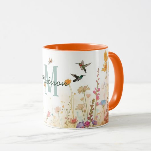 Mug Spring Watercolor Birds Floral Monogram Wildflower (Devant droit)