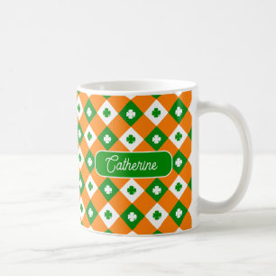 Mug St Patrick's Clover Green Orange Nom de la plaid