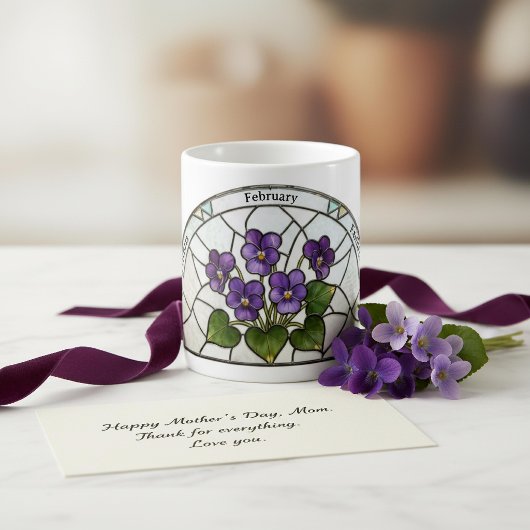 Mug Stained Glass Birth Flower February Violet Name