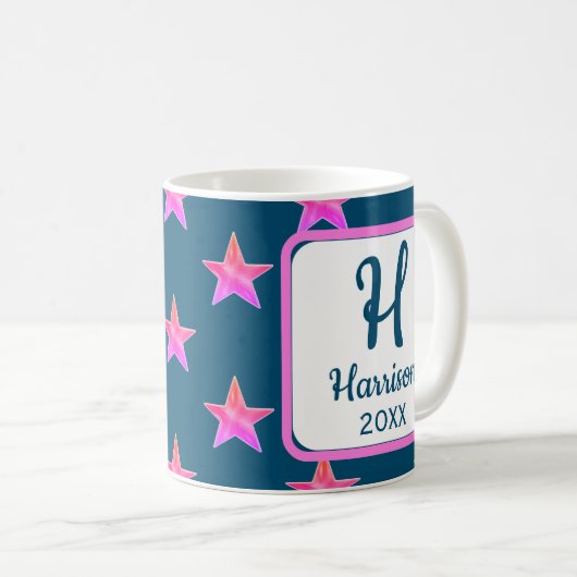 Mug Star Monogramme initial rose bleu coloré (Devant droit)
