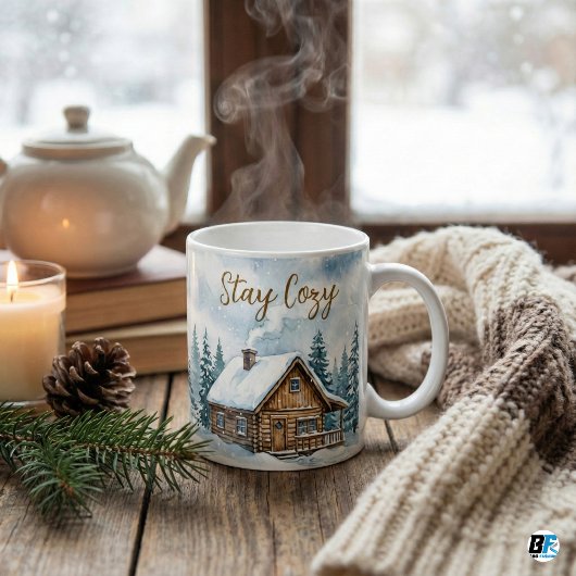 Mug Stay Cozy Winter Cabin Watercolor Snow Rustic