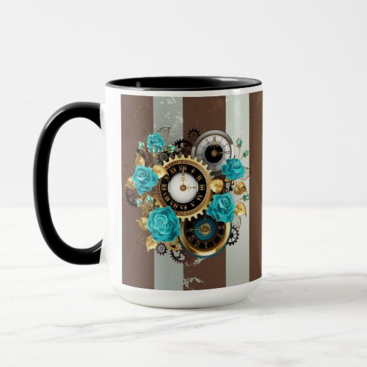 Mug Steampunk Clock and Turquoise Roses on Striped (Gauche)