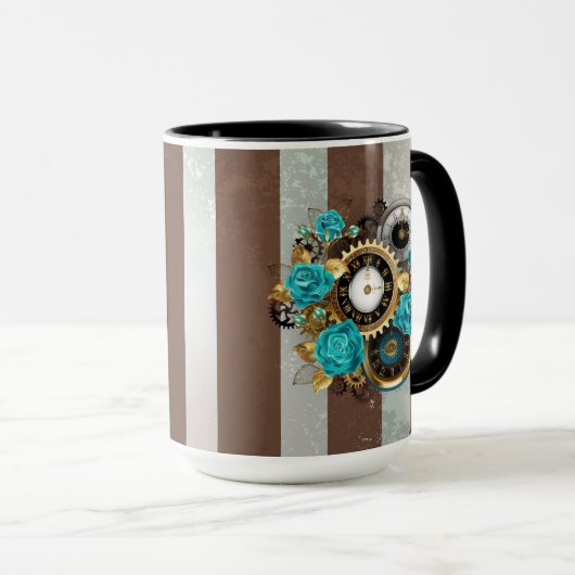Mug Steampunk Clock and Turquoise Roses on Striped (Devant droit)