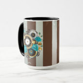 Mug Steampunk Clock and Turquoise Roses on Striped (Devant gauche)