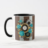 Mug Steampunk Clock and Turquoise Roses on Striped (Gauche)