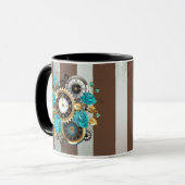 Mug Steampunk Clock and Turquoise Roses on Striped (Devant gauche)
